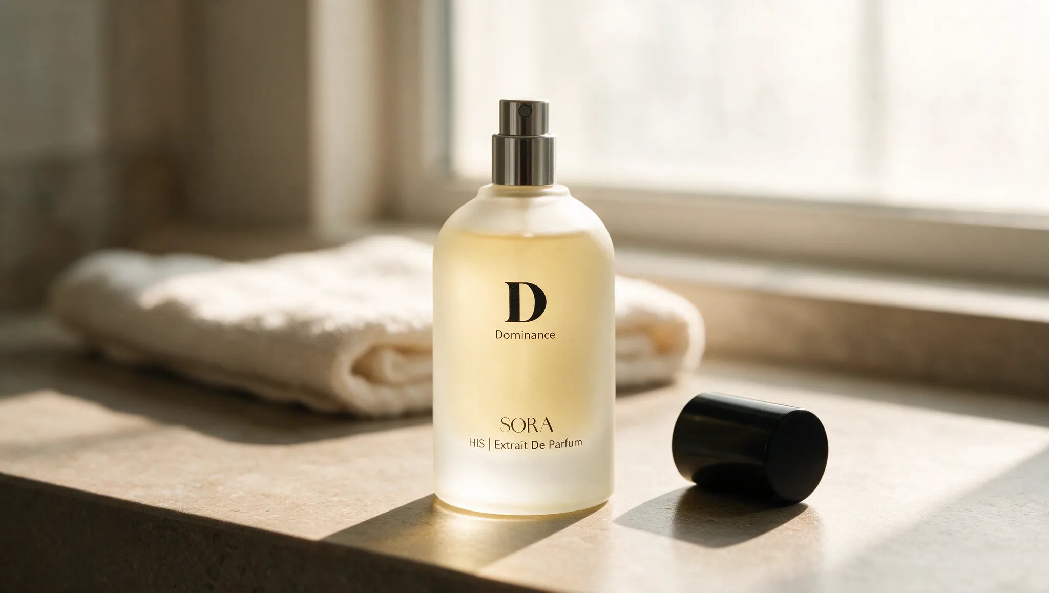 An open SORA bottle on a vanity in morning light