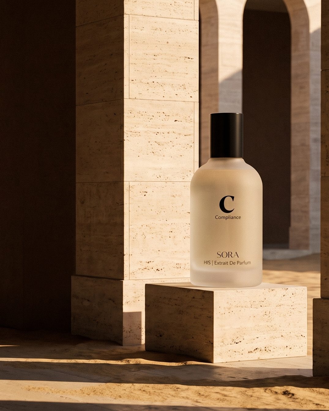 HIS Compliance on a squared plinth in a symmetrical travertine colonnade, arched shadows in precise rhythm at golden hour.
