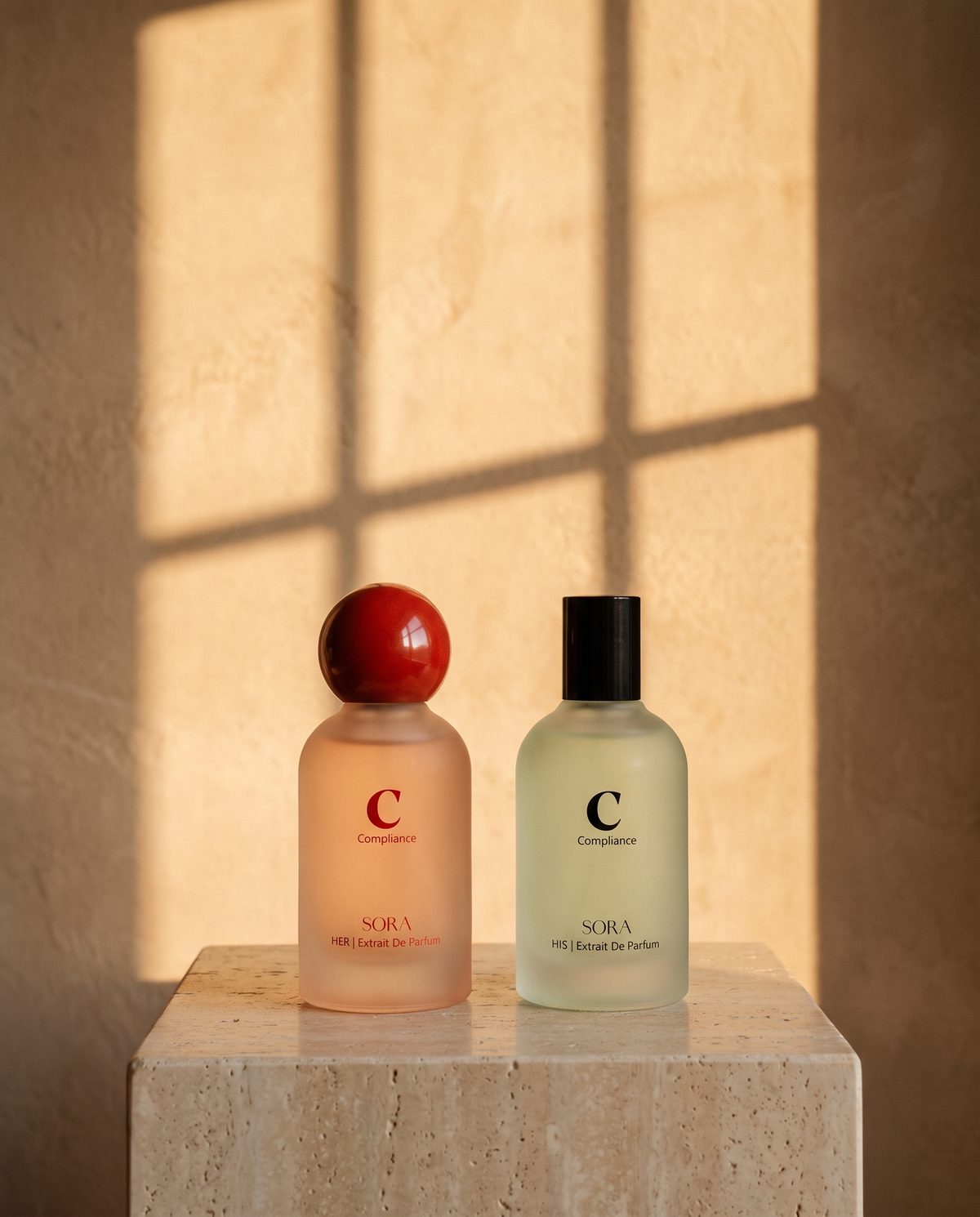 HER and HIS Compliance aligned on a squared travertine block under the crisp grid of a sunlit window.