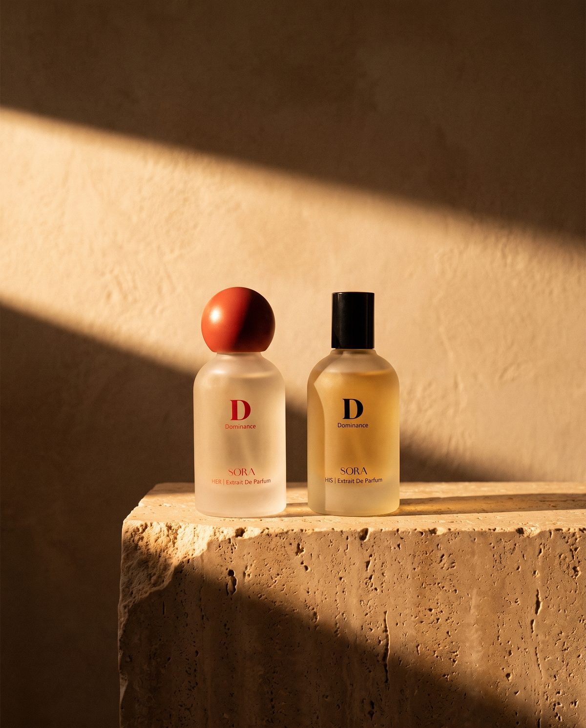 HER and HIS Dominance on a travertine block, caught in a hard shaft of golden-hour sun.