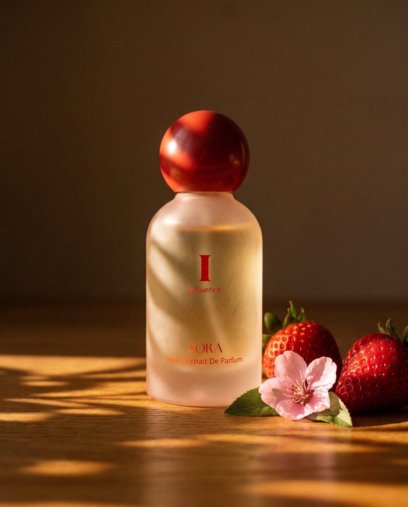 HER Influence on warm oak beside ripe strawberries and a pink blossom, in dappled light.