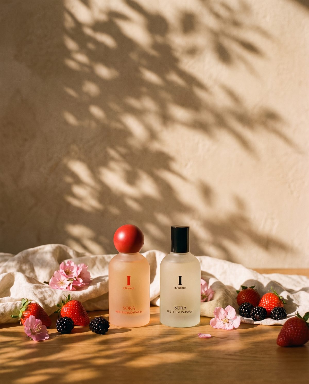 HER and HIS Influence on a linen-dressed oak table with strawberries, plum and pink blossom, in dappled golden-hour light.