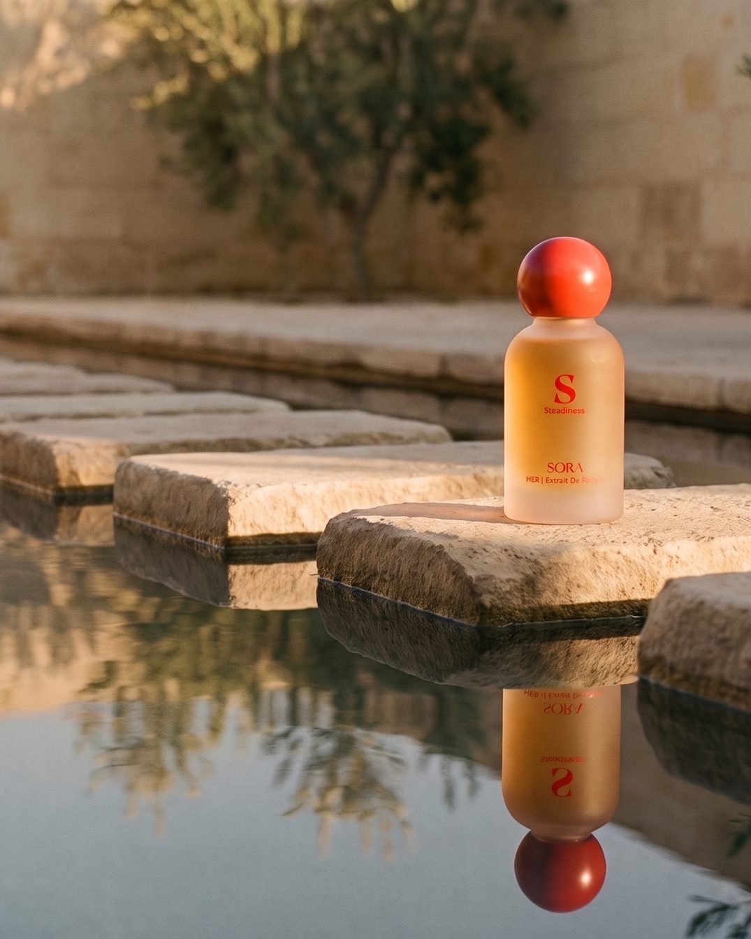 HER Steadiness on the last stepping stone of a still reflecting pool in a limestone courtyard at golden hour.