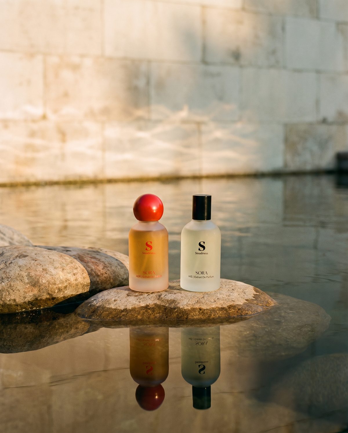 HER and HIS Steadiness on a smooth river stone at the edge of a still pool, reflected in the water at golden hour.